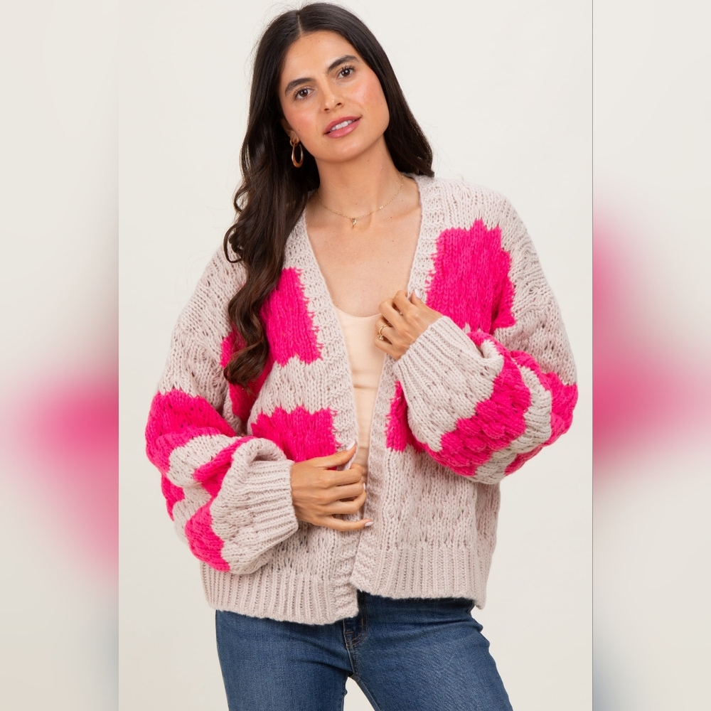 Wishlist Neon Pink Cream Abstract Chunky Open Knit Cardigan Oversized Boutique L